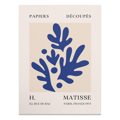 Elegant Matisse-inspired decorative poster featuring abstract blue leaf cut-outs on a beige background with French text.