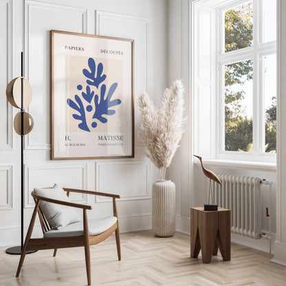 Elegant Matisse-style Parisian art print in a modern living room with neutral tones, pampas grass, and natural light, enhancing wall decor.