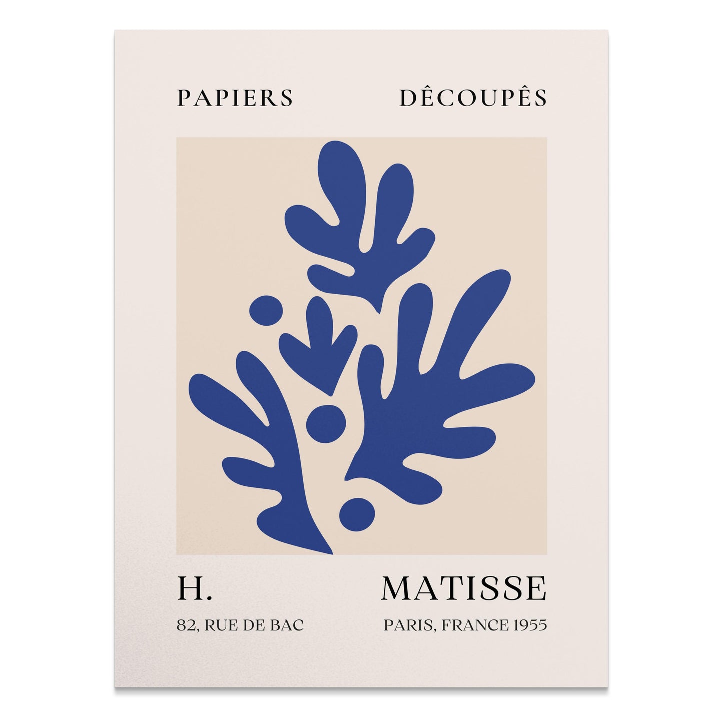 Elegant Parisian art print in Matisse style featuring blue botanical shapes on a beige background with French text, ideal for modern decor.