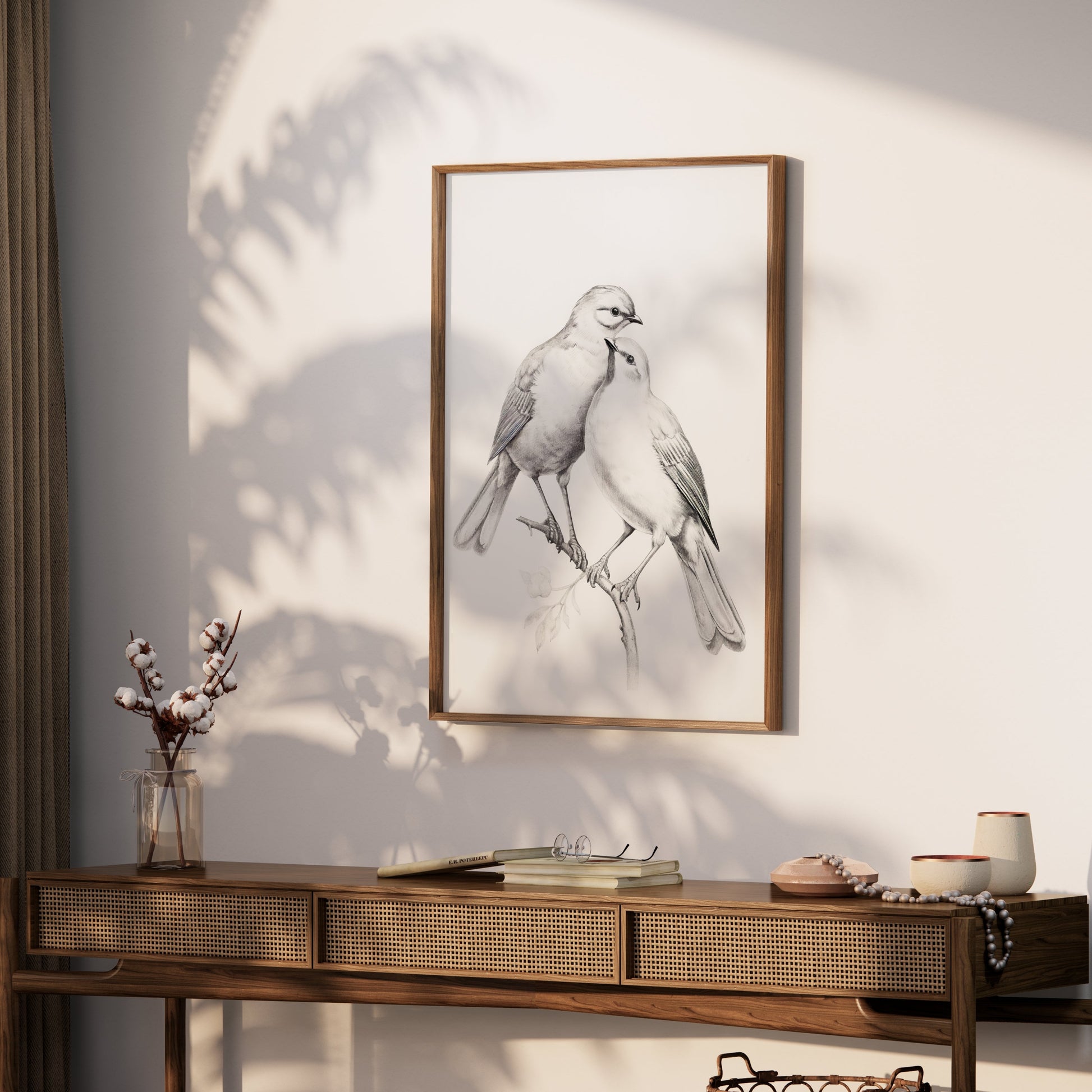 Premium Poster of Elegant Sketch Bird Couple on Branch Art Print Posters
