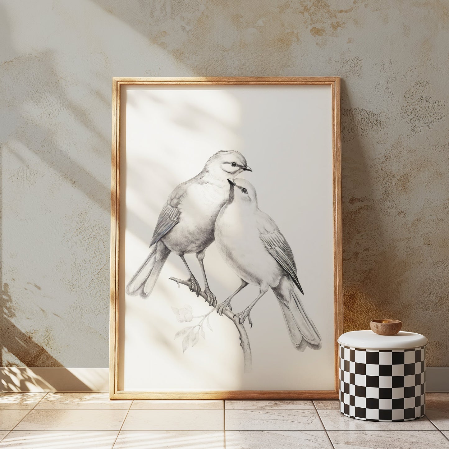 Premium Poster of Elegant Sketch Bird Couple on Branch Art Print Posters