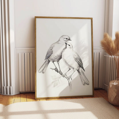 Premium Poster of Elegant Sketch Bird Couple on Branch Art Print Posters