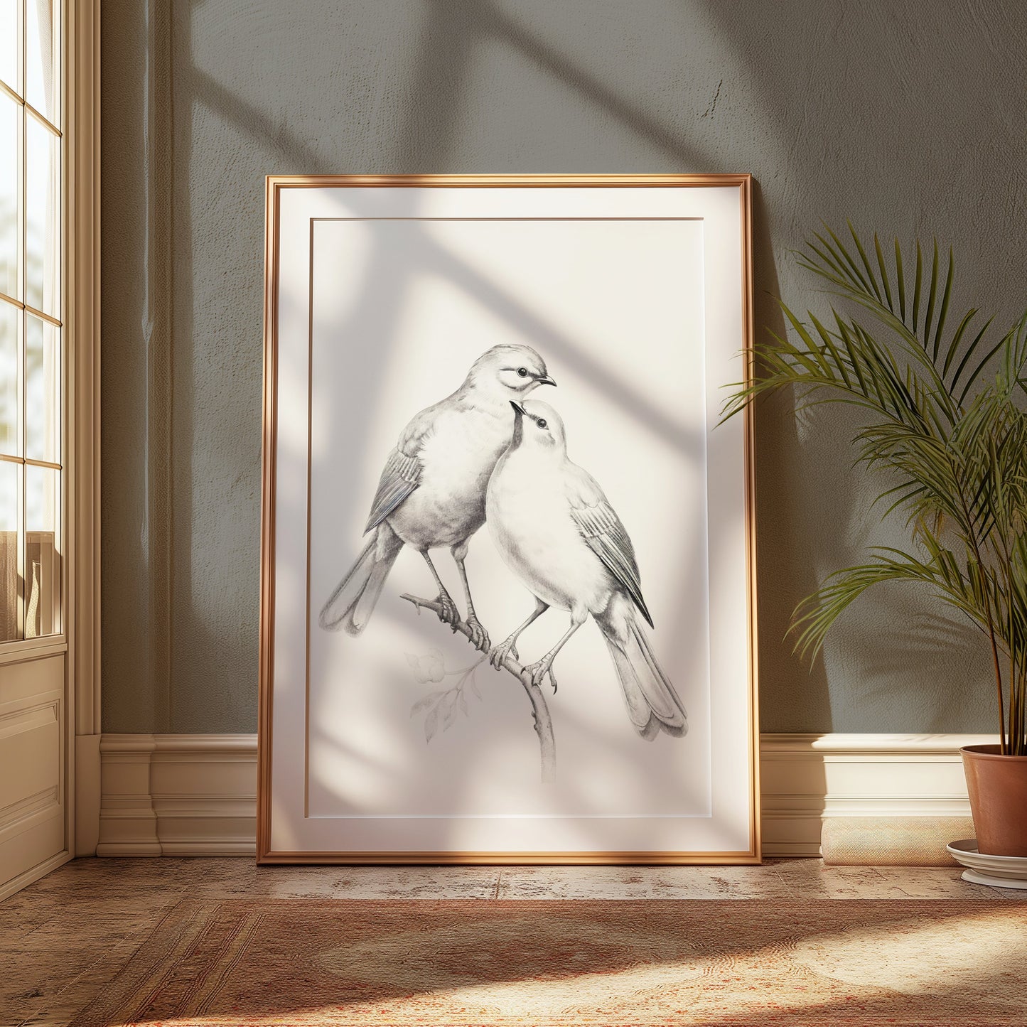 Premium Poster of Elegant Sketch Bird Couple on Branch Art Print Posters