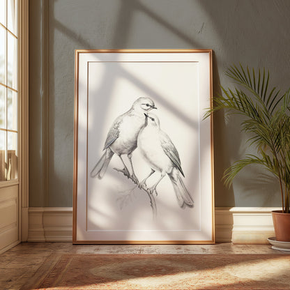 Premium Poster of Elegant Sketch Bird Couple on Branch Art Print Posters