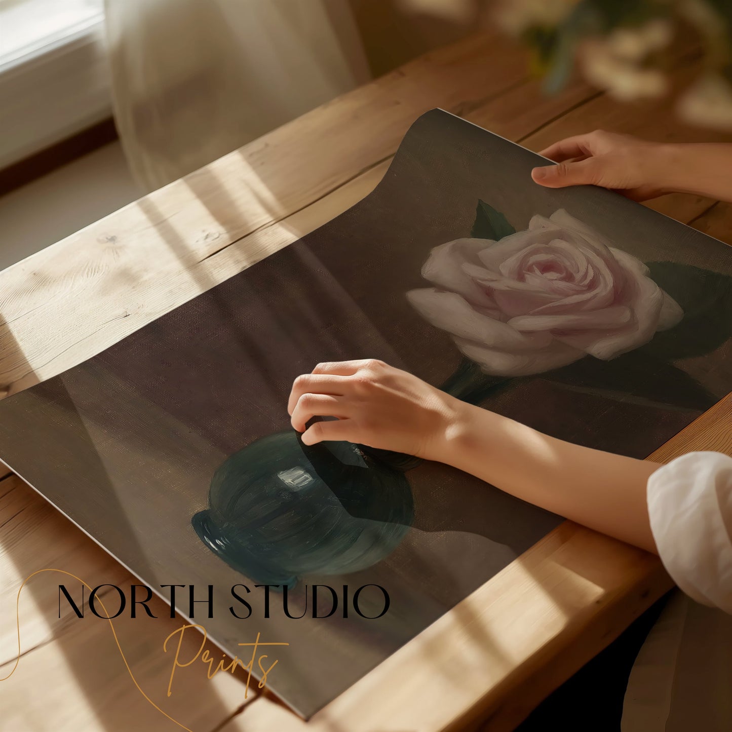 Premium Poster of Elegant Still Life of Pink Rose in Green Vase Posters
