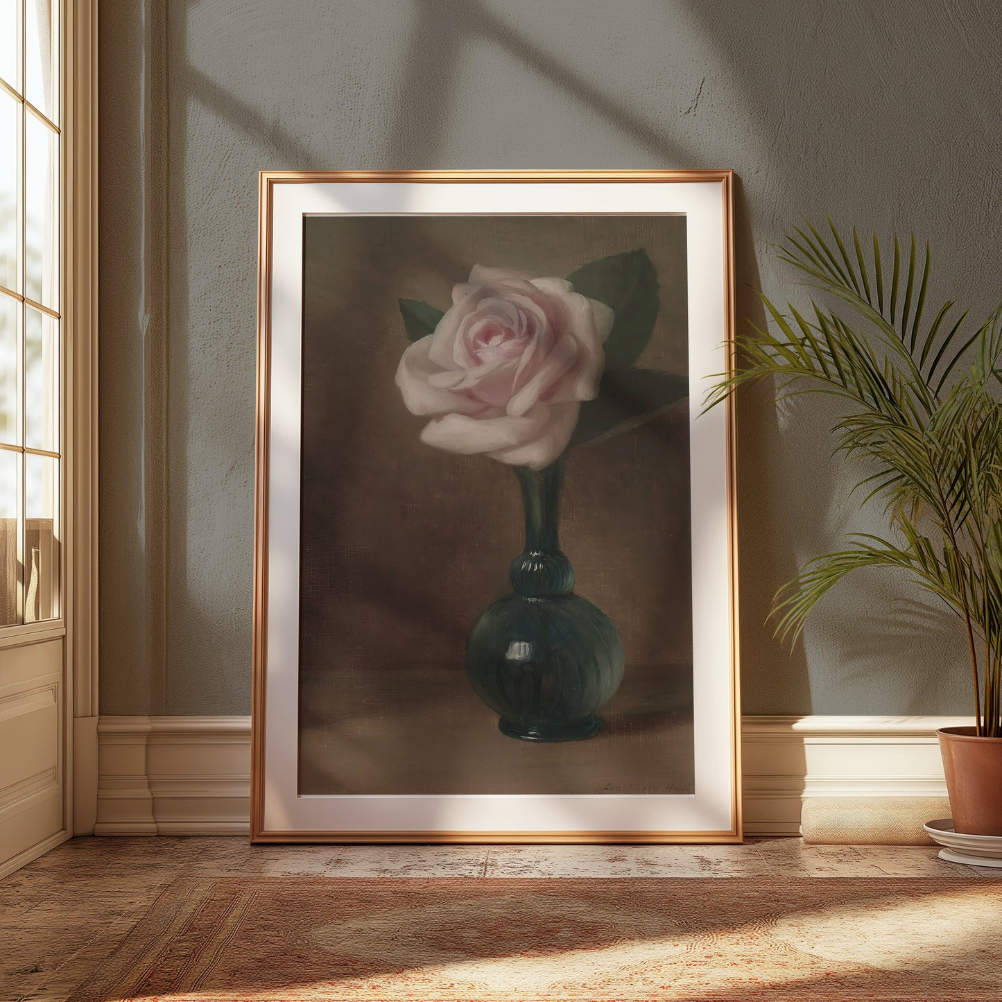 Premium Poster of Elegant Still Life of Pink Rose in Green Vase Posters