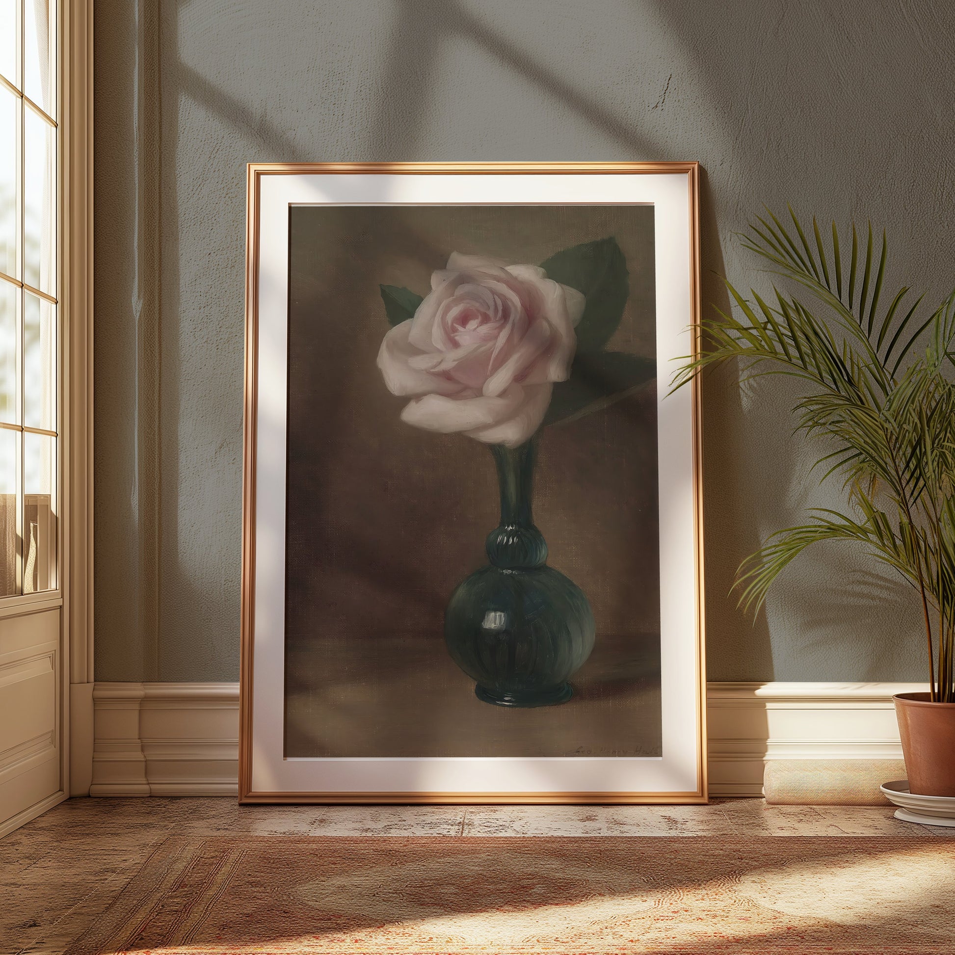 Premium Poster of Elegant Still Life of Pink Rose in Green Vase Posters