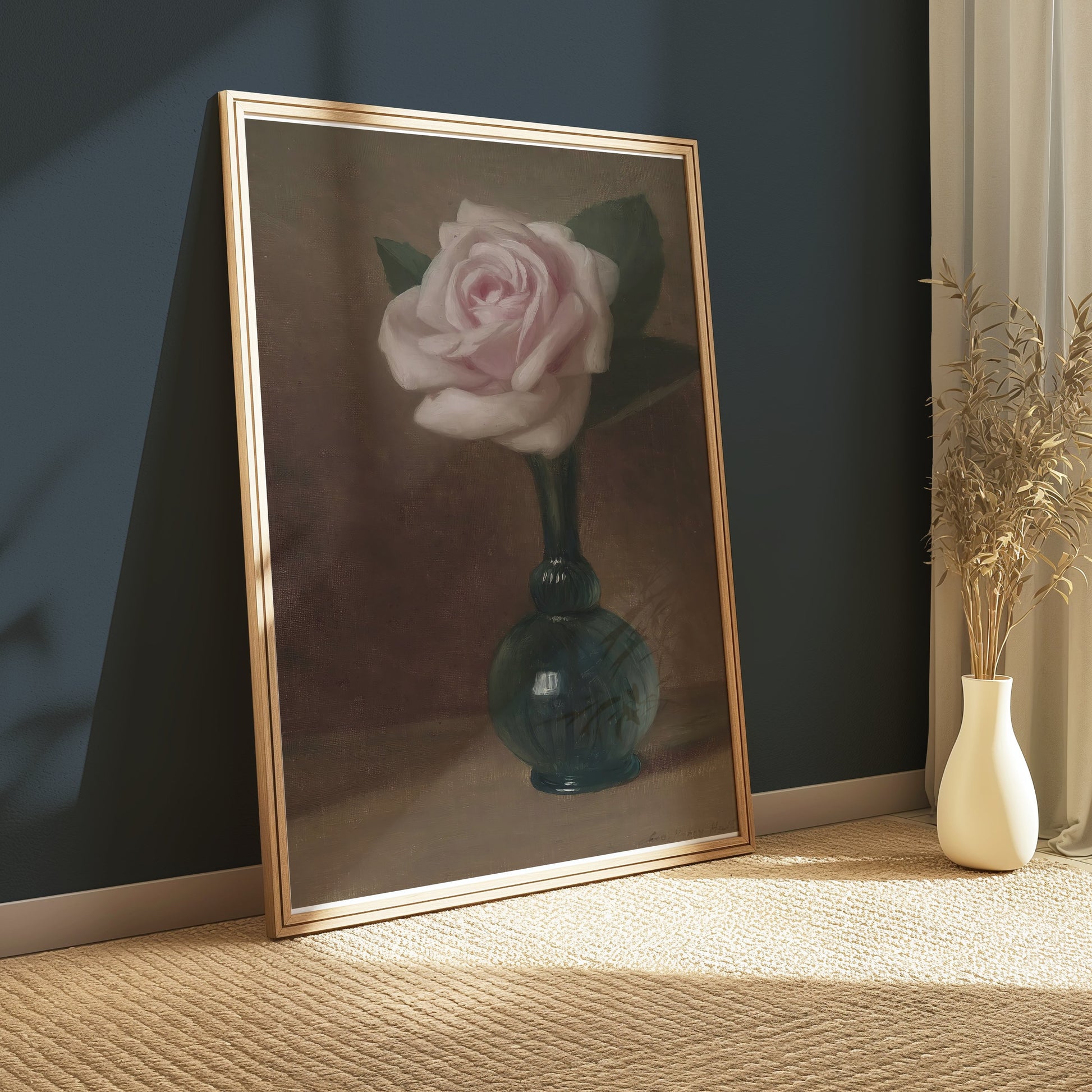 Premium Poster of Elegant Still Life of Pink Rose in Green Vase Posters