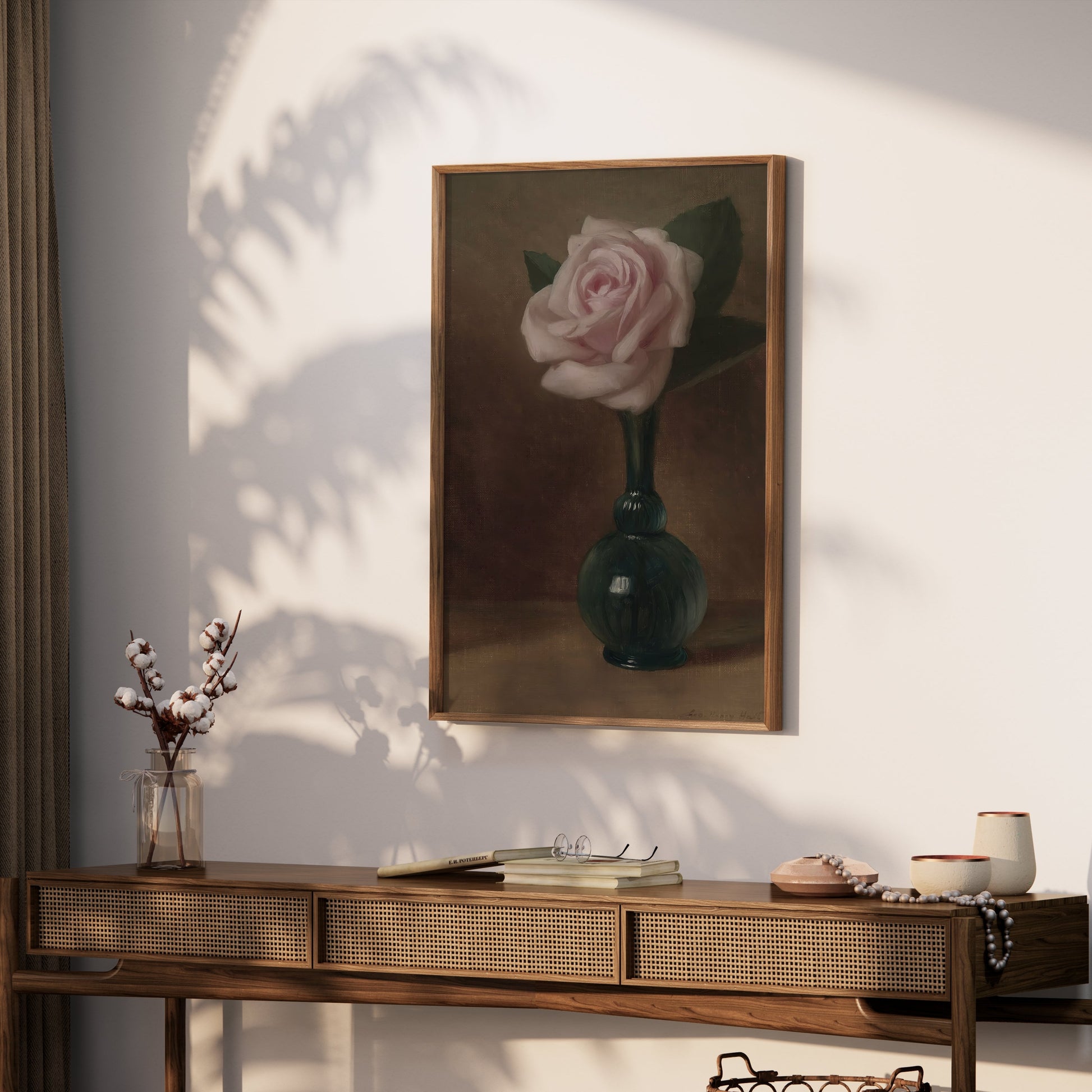 Premium Poster of Elegant Still Life of Pink Rose in Green Vase Posters