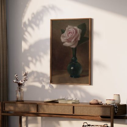 Premium Poster of Elegant Still Life of Pink Rose in Green Vase Posters