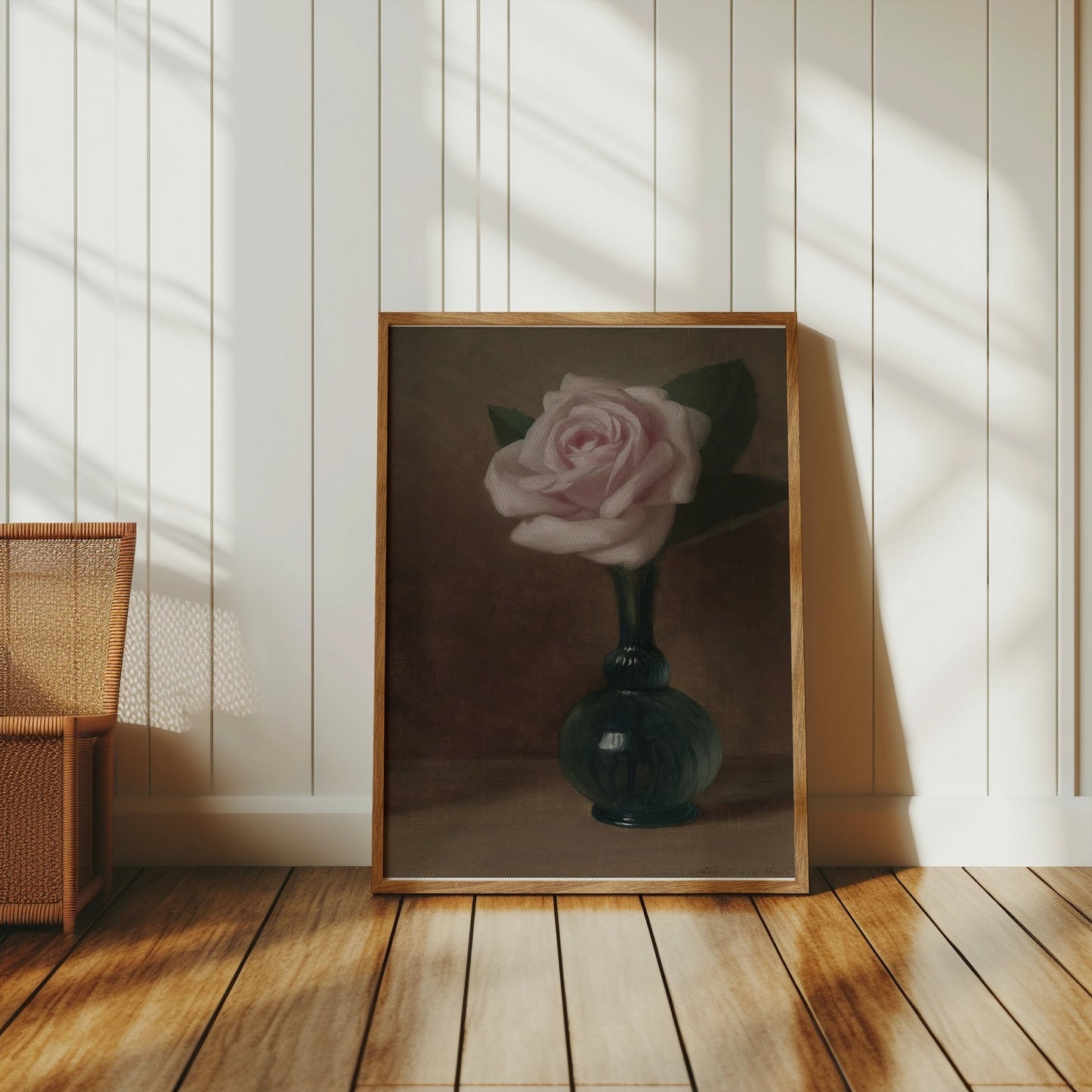 Premium Poster of Elegant Still Life of Pink Rose in Green Vase Posters