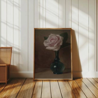 Premium Poster of Elegant Still Life of Pink Rose in Green Vase Posters