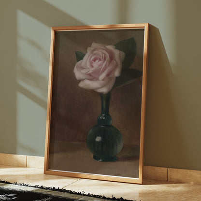 Premium Poster of Elegant Still Life of Pink Rose in Green Vase Posters