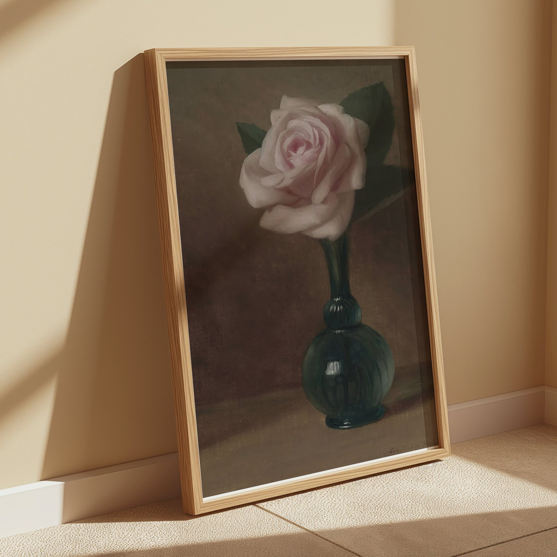 Premium Poster of Elegant Still Life of Pink Rose in Green Vase Posters