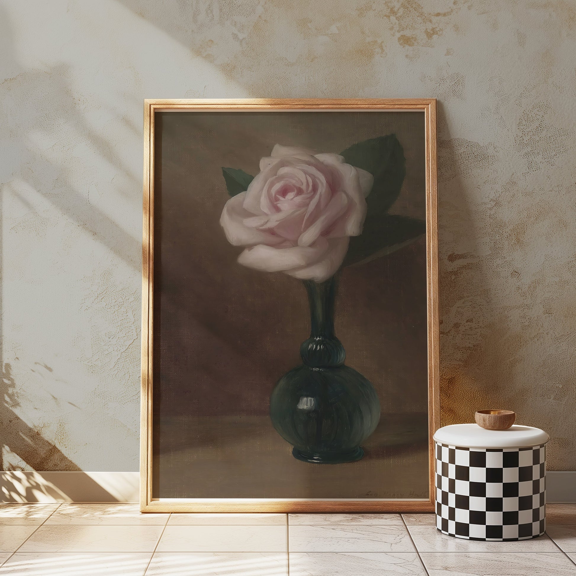 Premium Poster of Elegant Still Life of Pink Rose in Green Vase Posters
