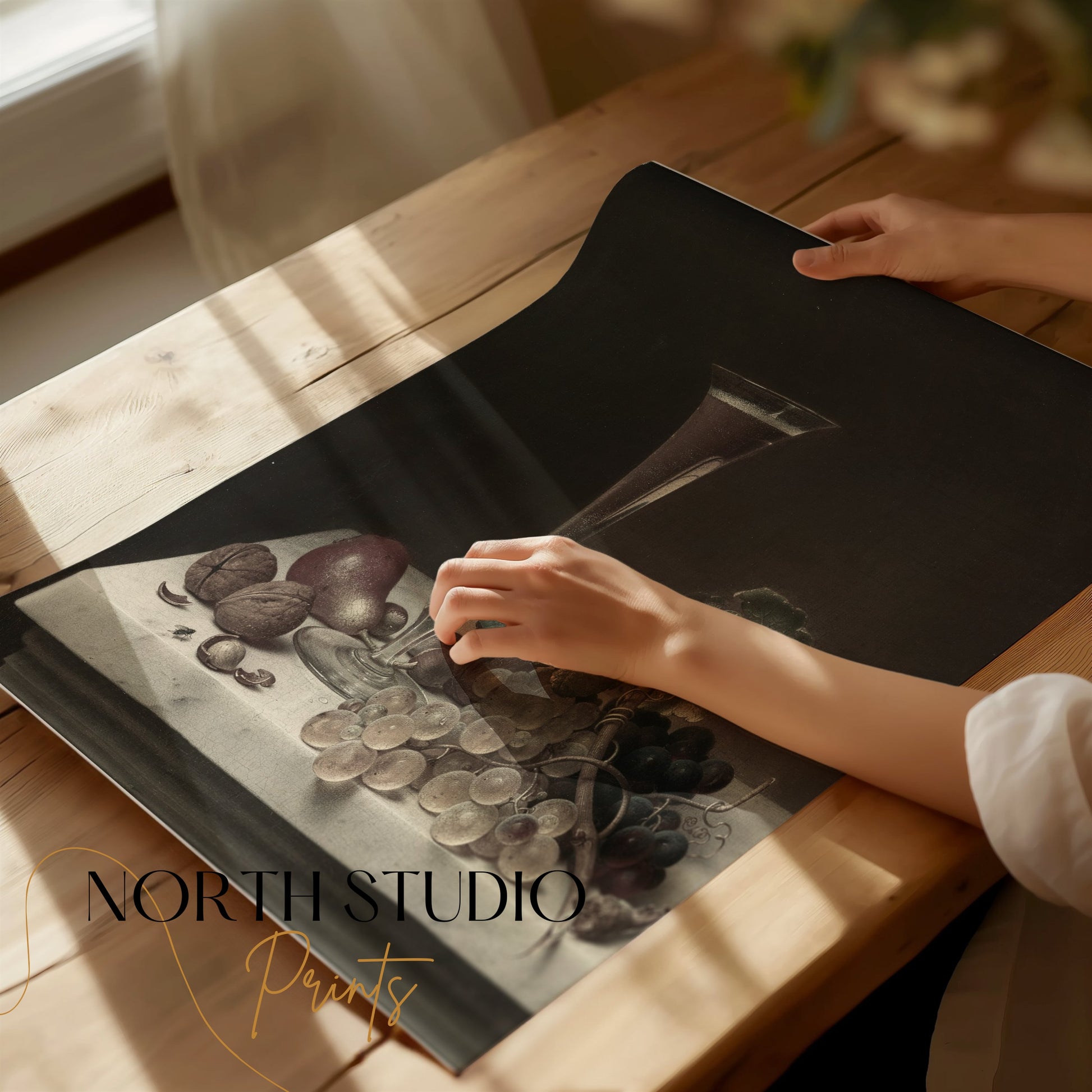 Premium Poster of Elegant Still Life with Fruit and Wine Glass Posters