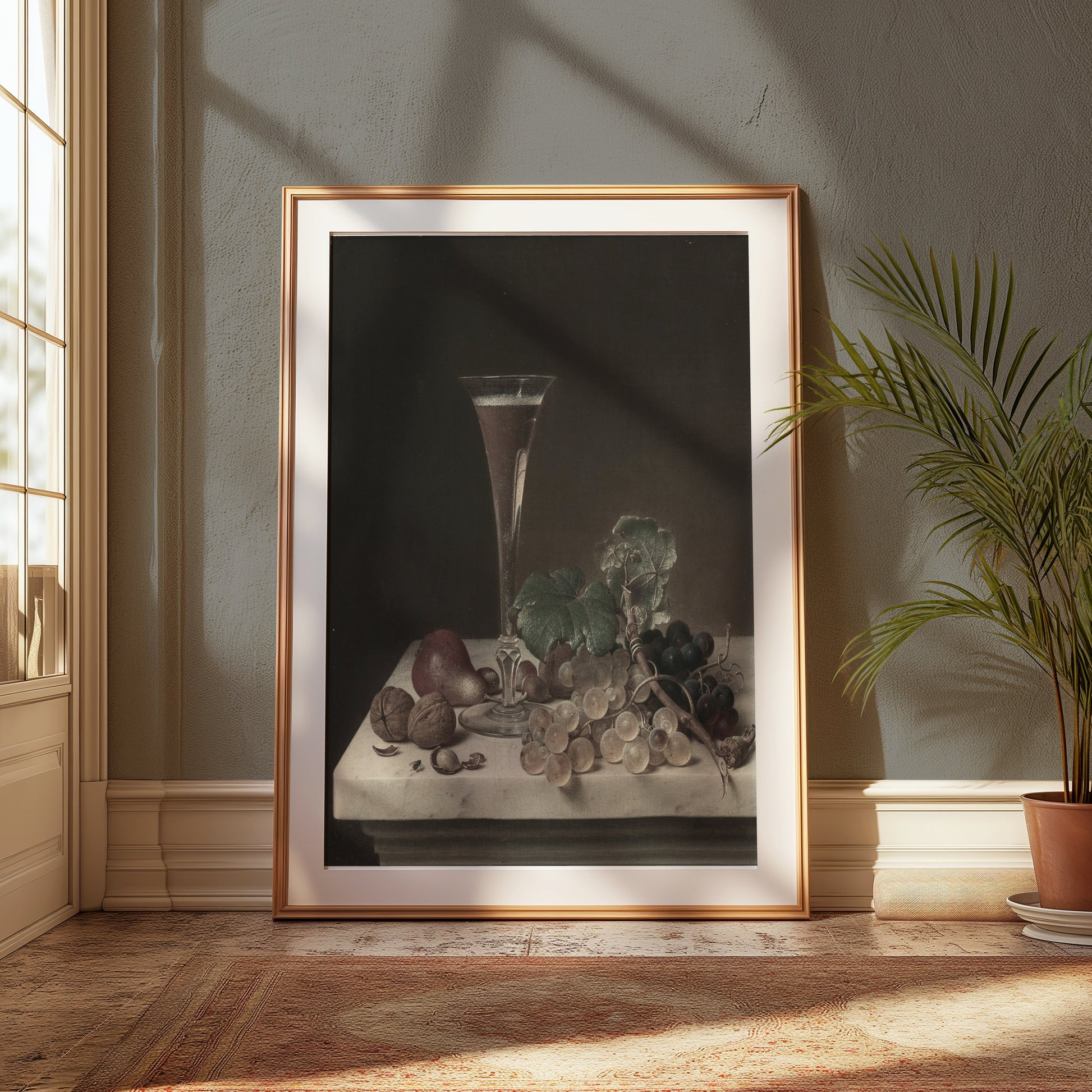 Premium Poster of Elegant Still Life with Fruit and Wine Glass Posters