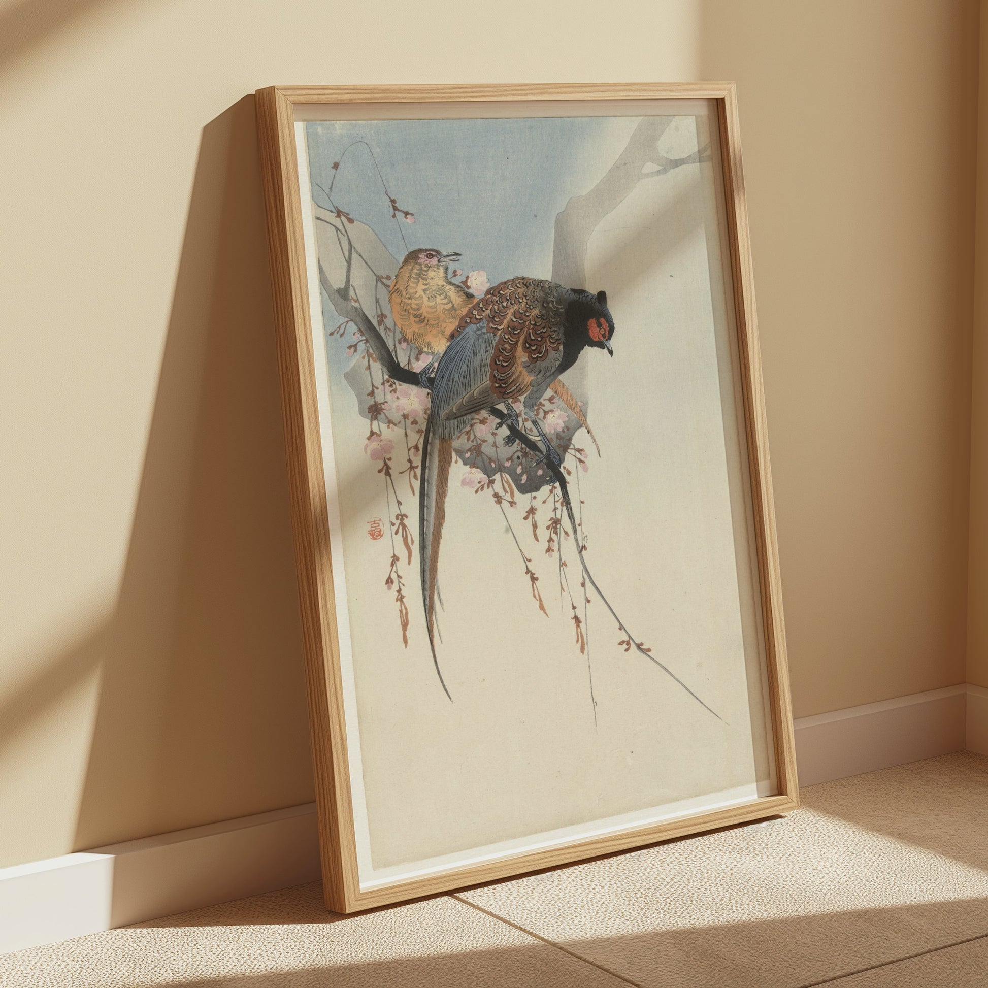 Premium Poster of Elegant Two Birds on Cherry Blossom Branch Posters