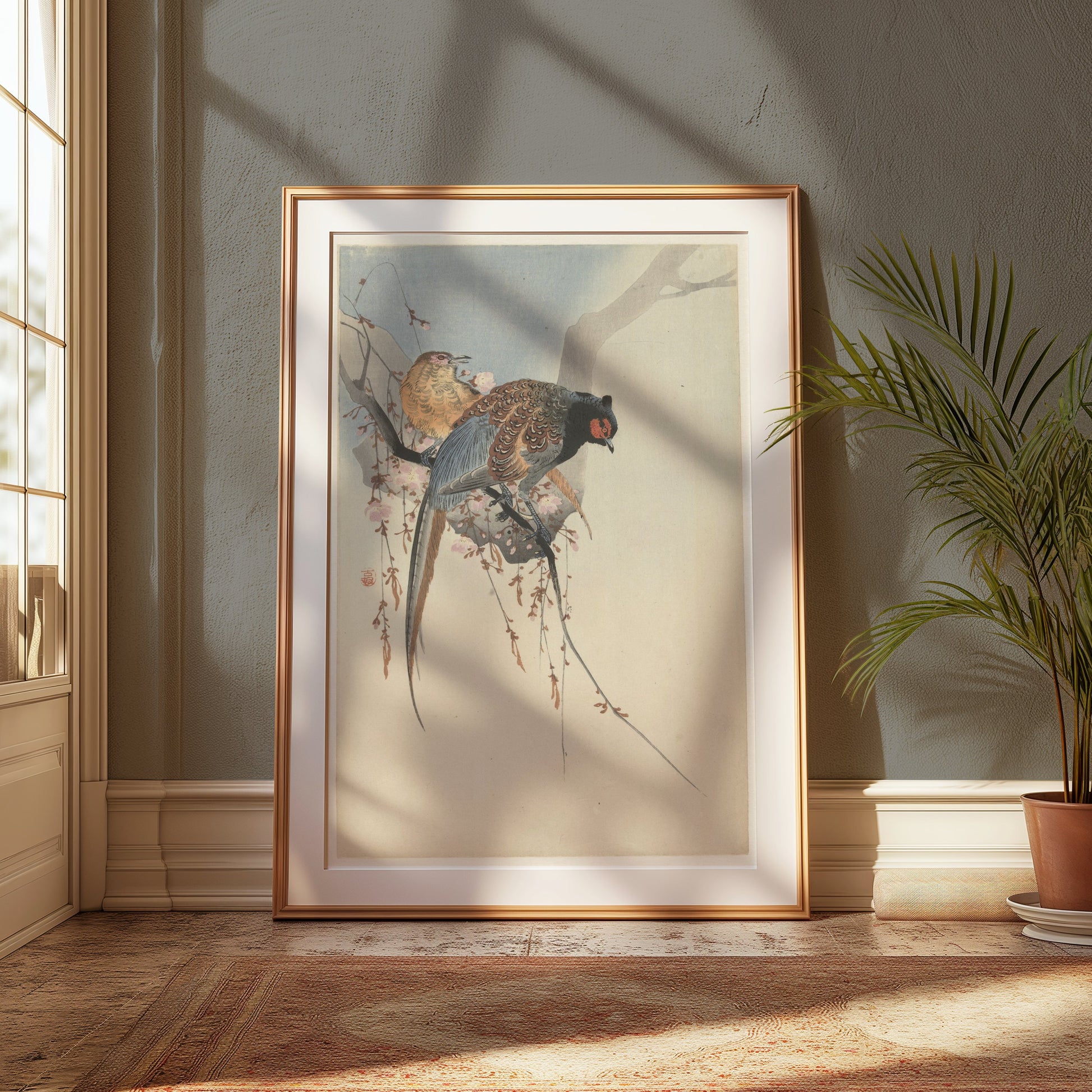Premium Poster of Elegant Two Birds on Cherry Blossom Branch Posters
