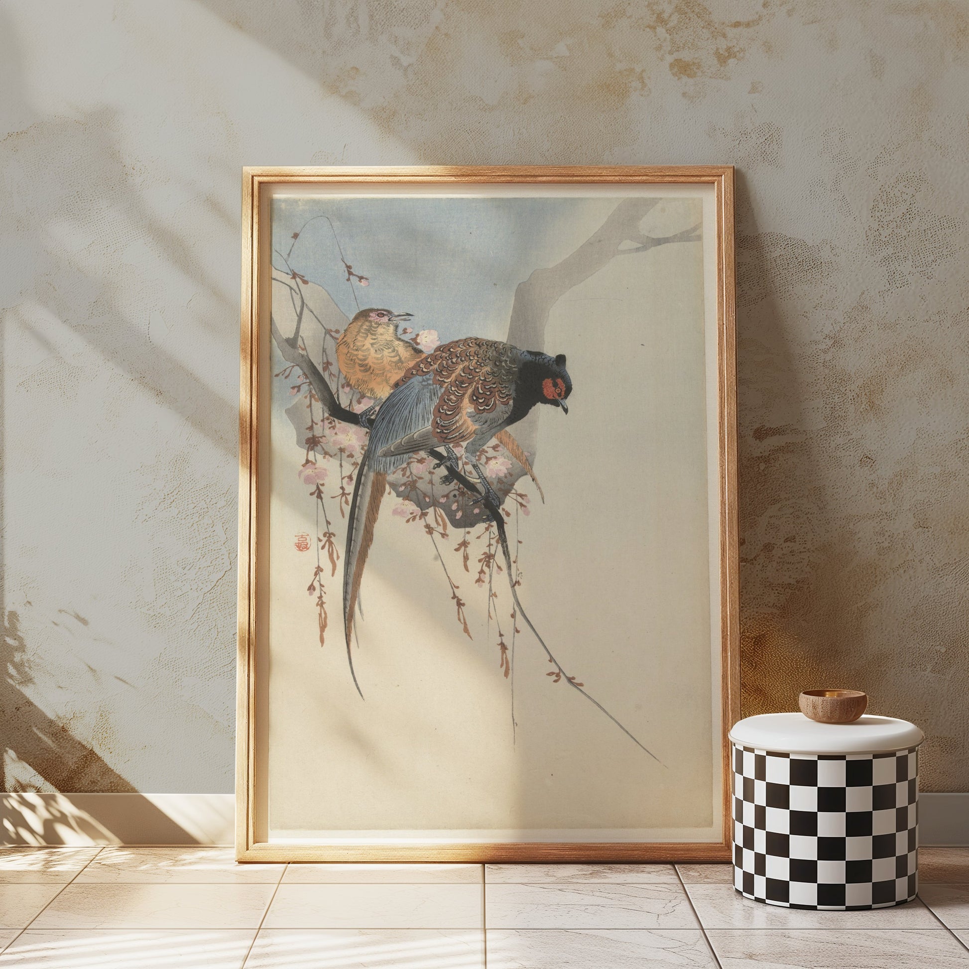 Premium Poster of Elegant Two Birds on Cherry Blossom Branch Posters