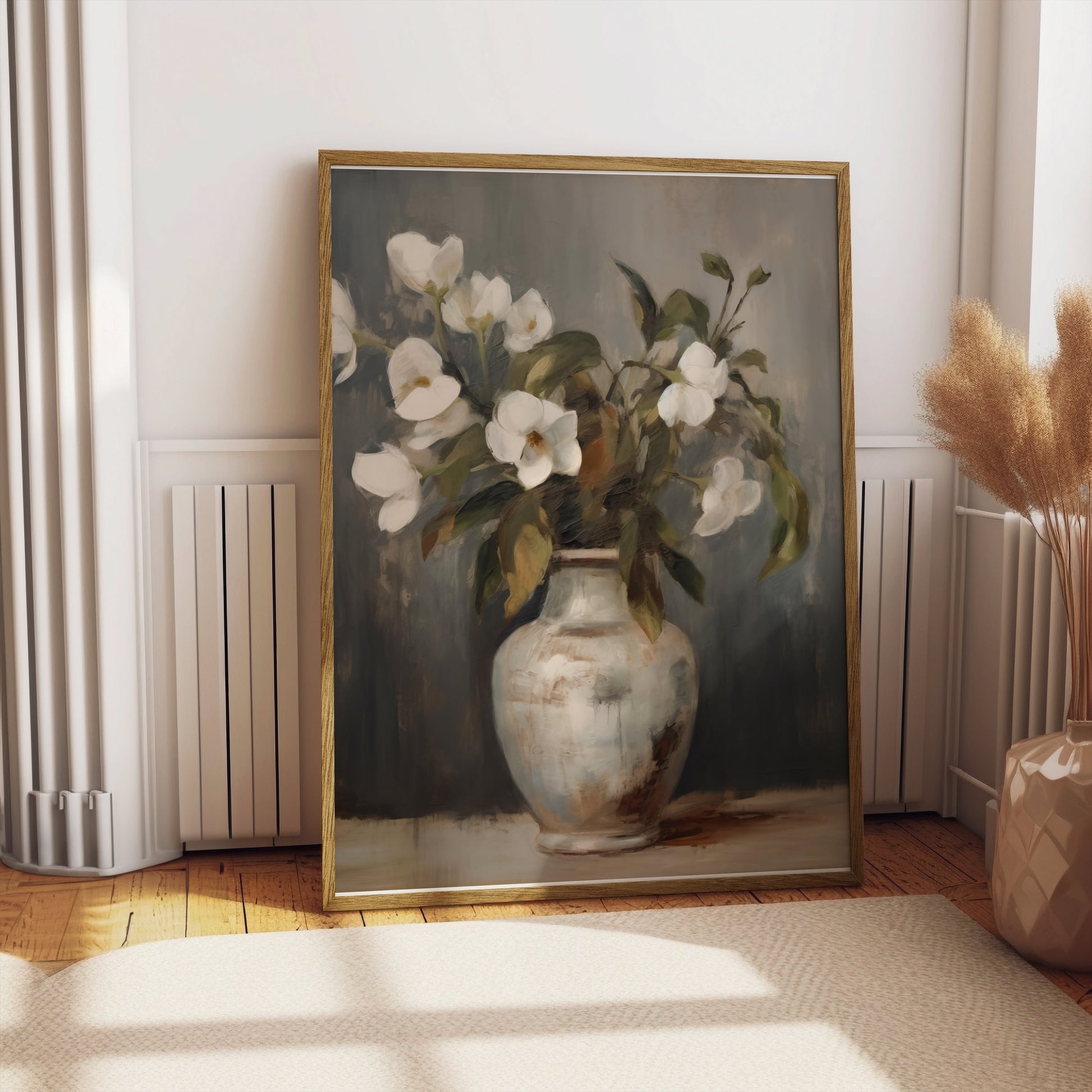 Premium Poster of Elegant Vase with White Flowers in Pastel Tone Posters