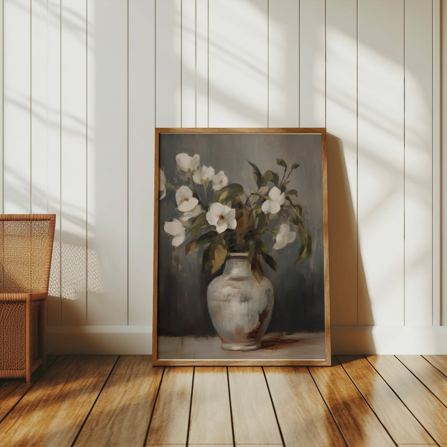 Premium Poster of Elegant Vase with White Flowers in Pastel Tone Posters