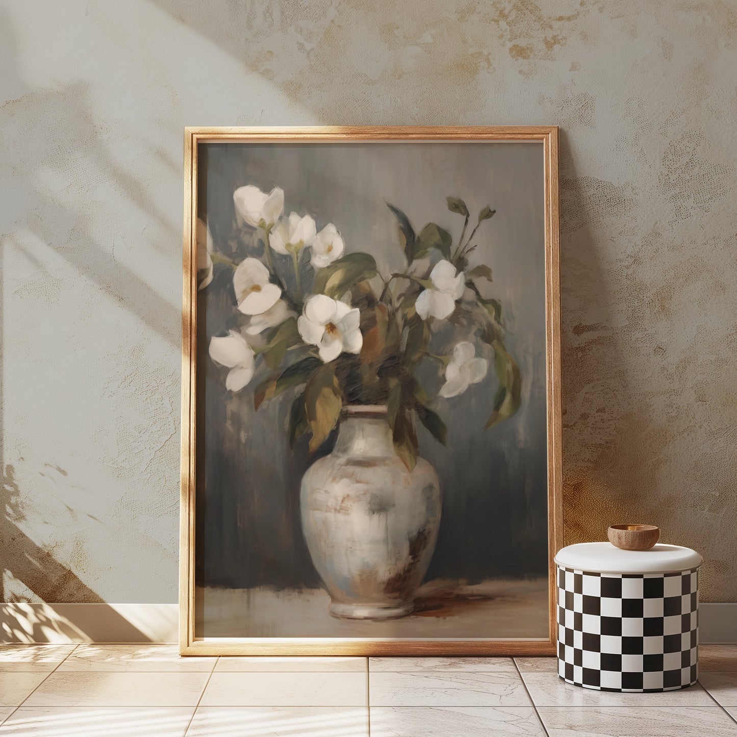 Premium Poster of Elegant Vase with White Flowers in Pastel Tone Posters