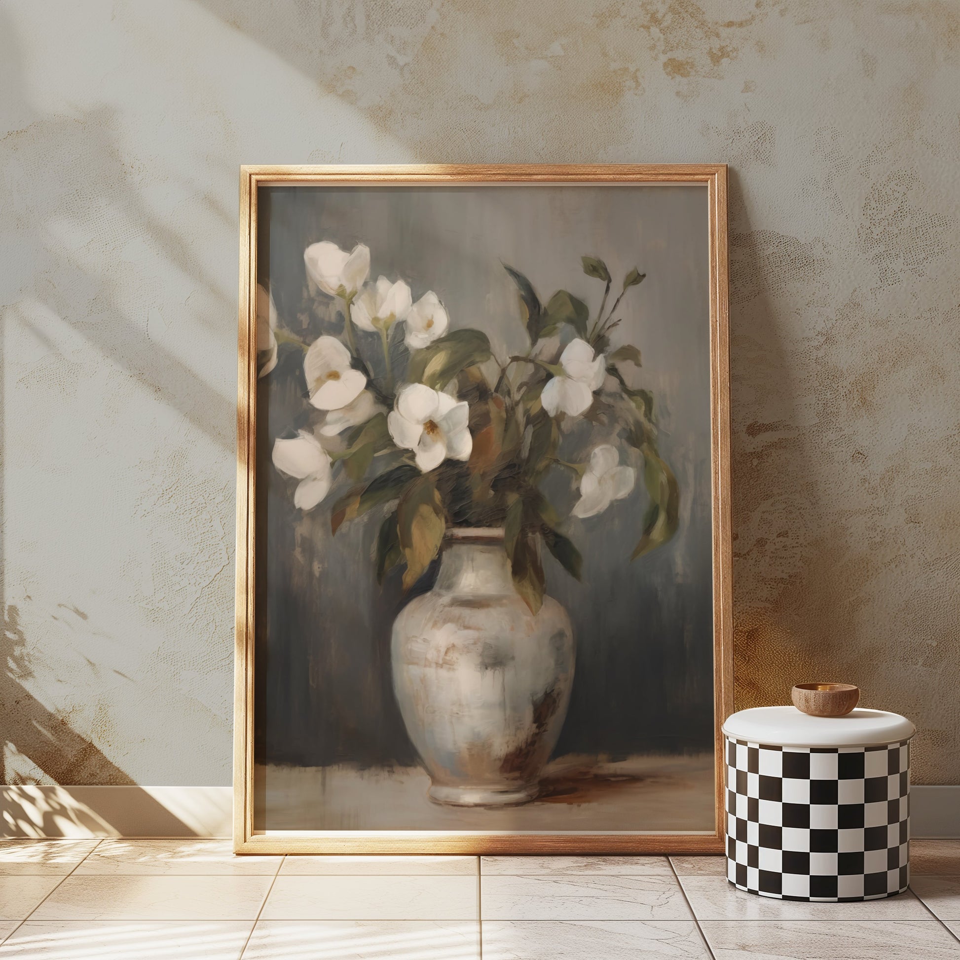 Premium Poster of Elegant Vase with White Flowers in Pastel Tone Posters