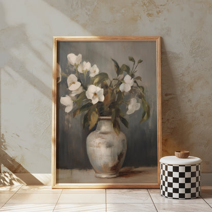 Premium Poster of Elegant Vase with White Flowers in Pastel Tone Posters