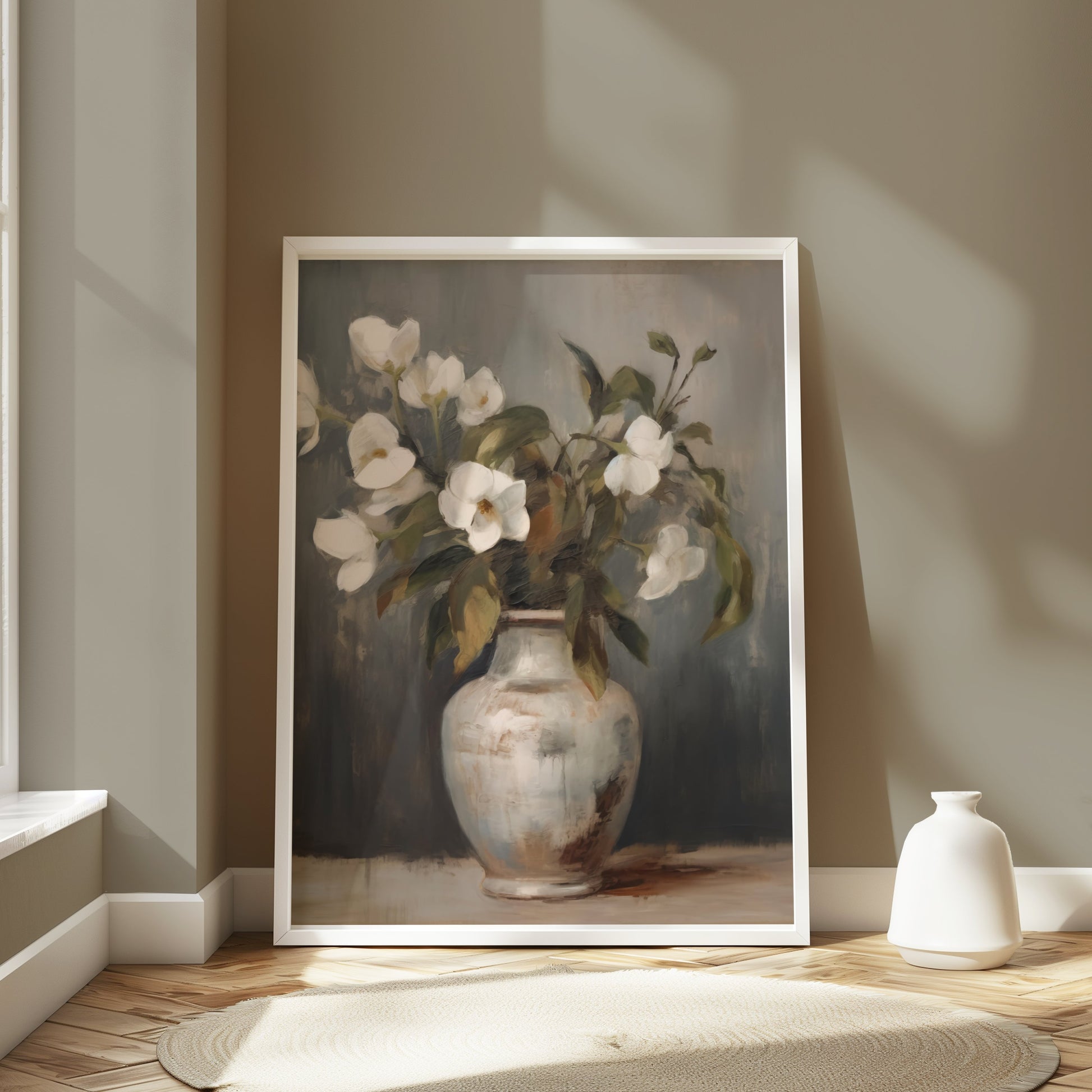Premium Poster of Elegant Vase with White Flowers in Pastel Tone Posters