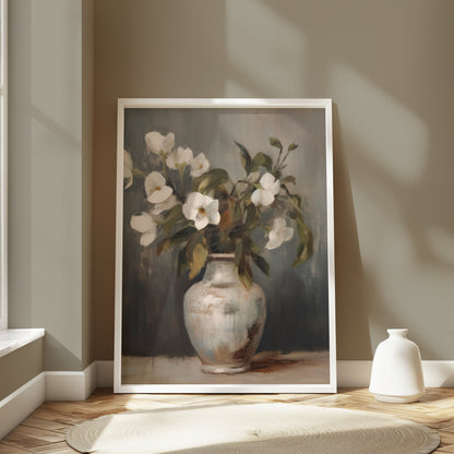 Premium Poster of Elegant Vase with White Flowers in Pastel Tone Posters
