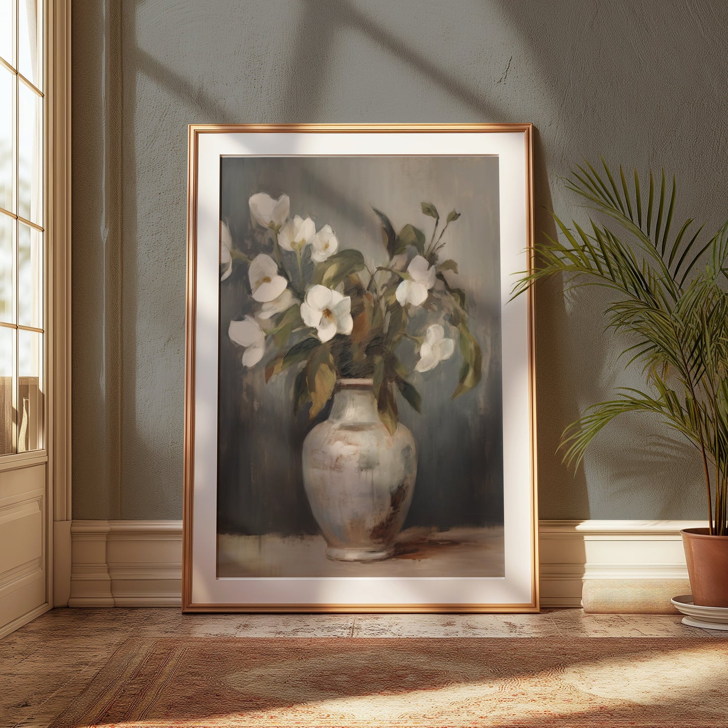 Premium Poster of Elegant Vase with White Flowers in Pastel Tone Posters
