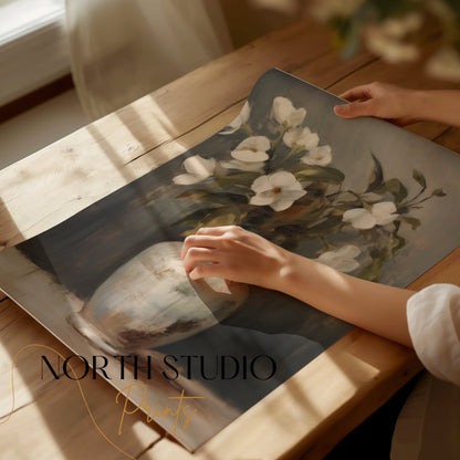 Premium Poster of Elegant Vase with White Flowers in Pastel Tone Posters