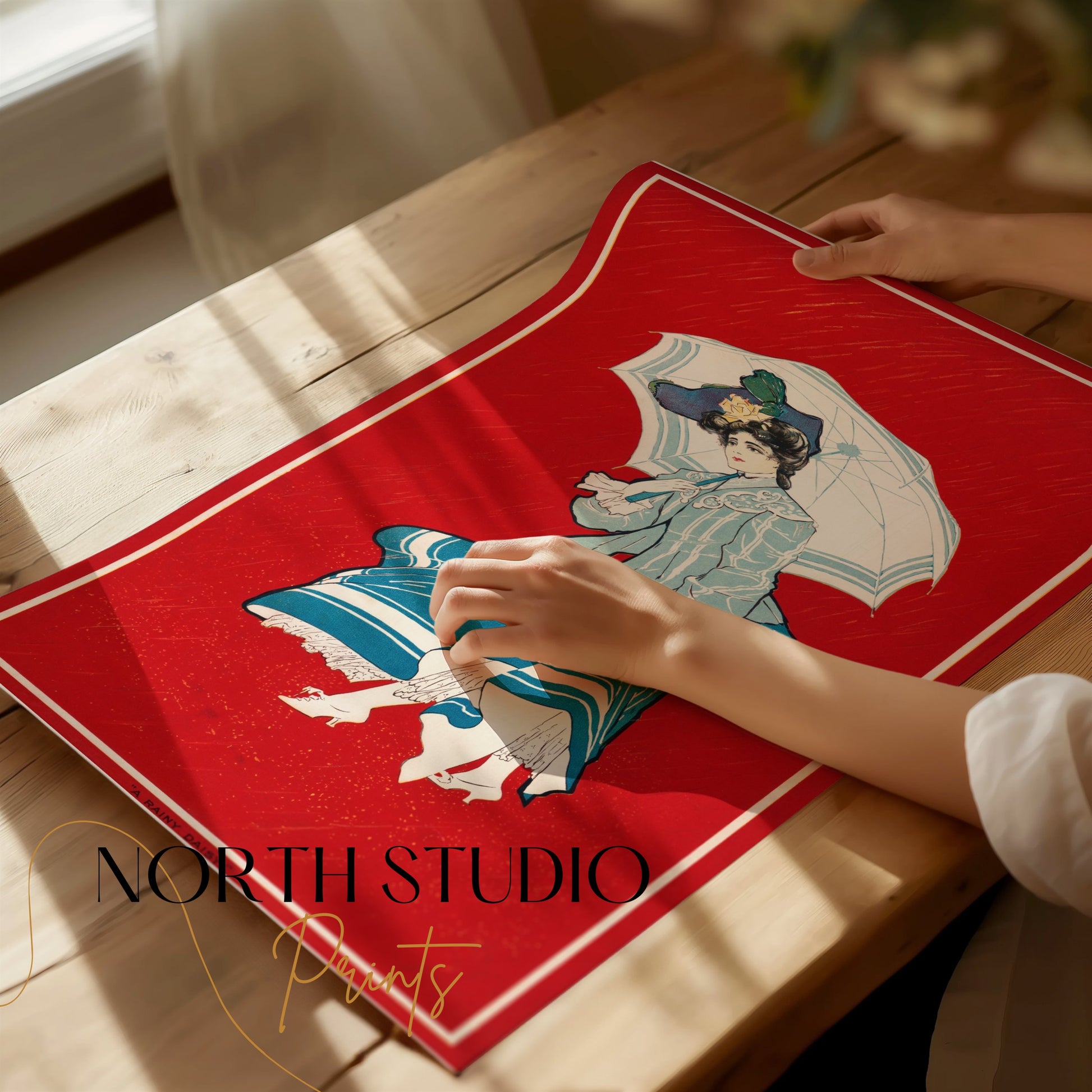 Premium Poster of Elegant Vintage Woman with Umbrella Illustration Posters