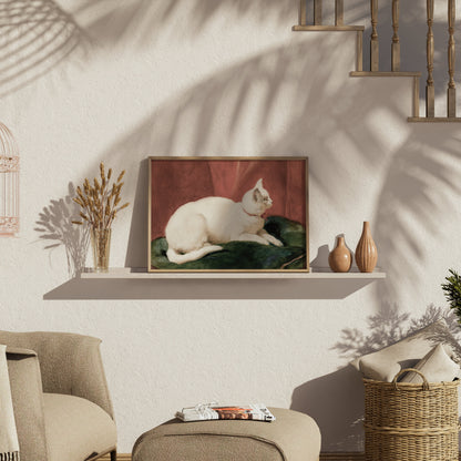 Premium Poster of Elegant White Cat Lying on Cushion Artwork Posters