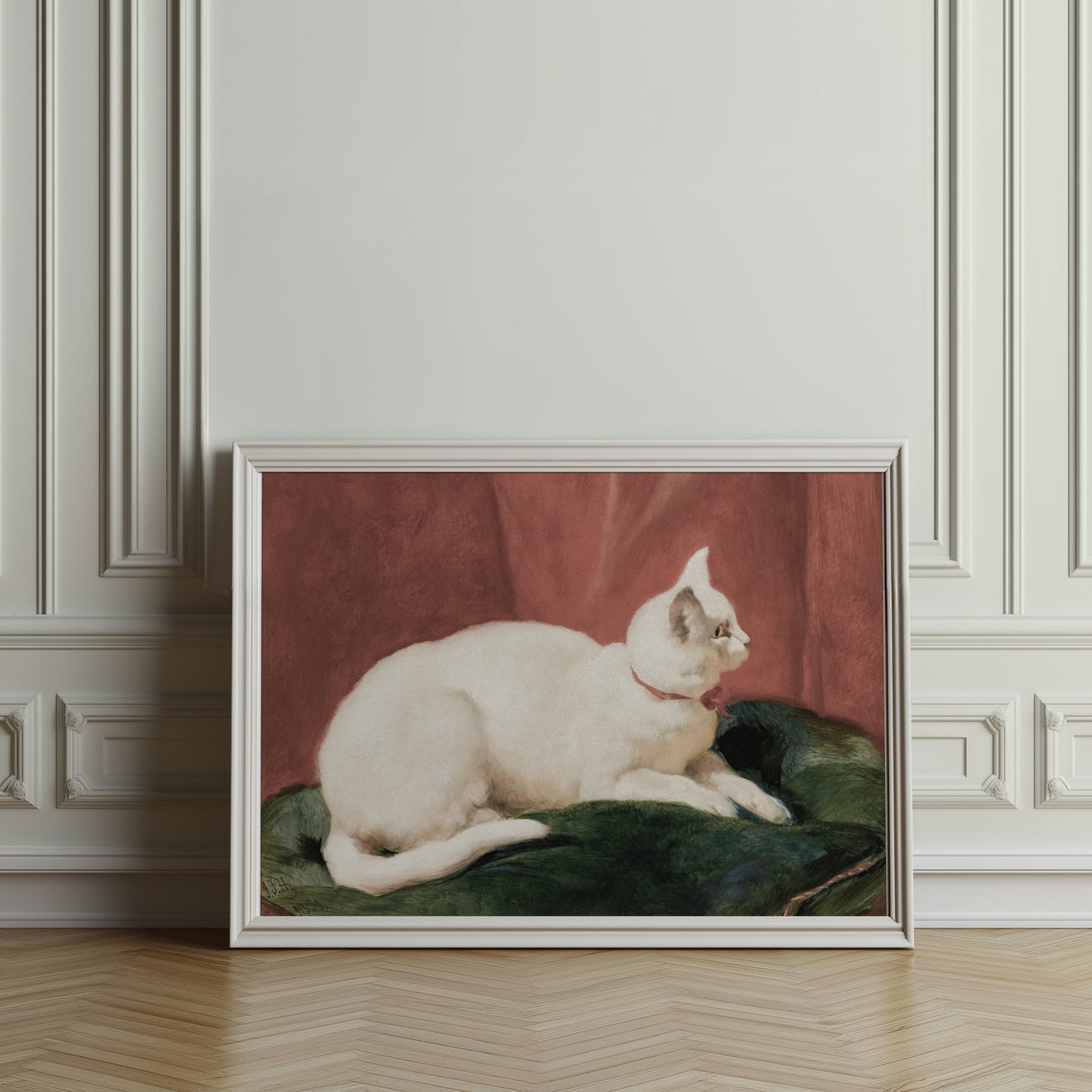 Premium Poster of Elegant White Cat Lying on Cushion Artwork Posters