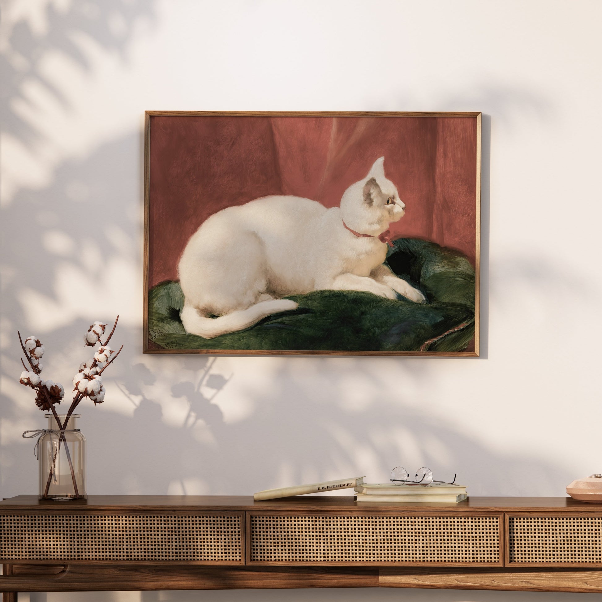 Premium Poster of Elegant White Cat Lying on Cushion Artwork Posters