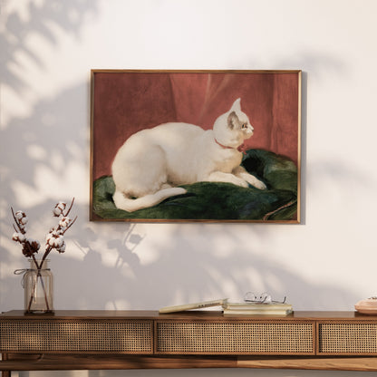Premium Poster of Elegant White Cat Lying on Cushion Artwork Posters