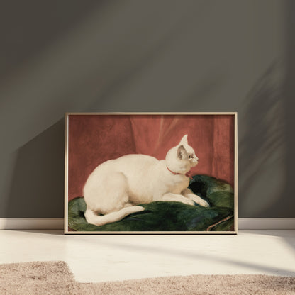Premium Poster of Elegant White Cat Lying on Cushion Artwork Posters