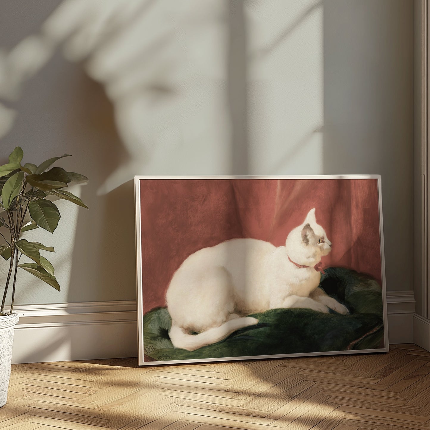 Premium Poster of Elegant White Cat Lying on Cushion Artwork Posters