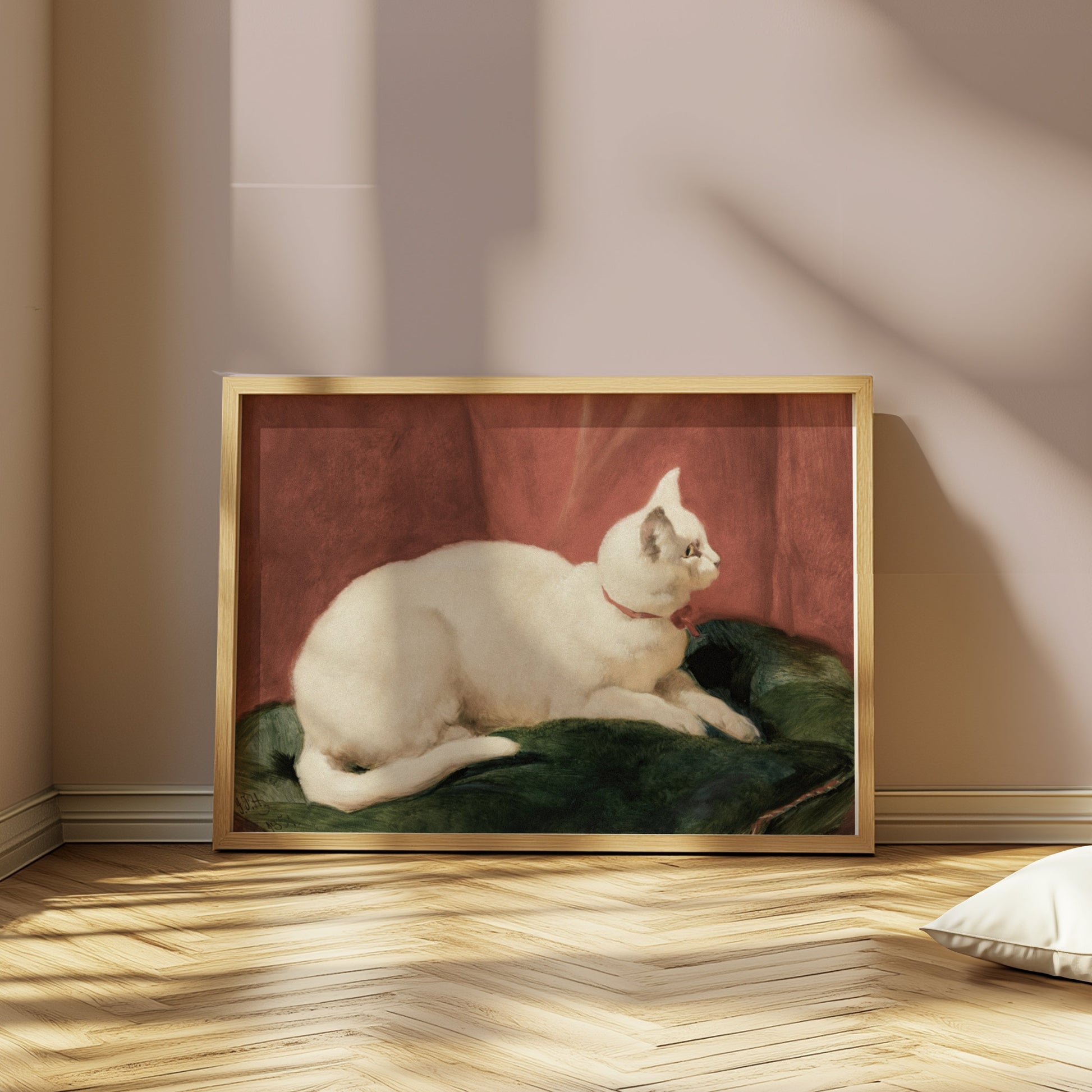 Premium Poster of Elegant White Cat Lying on Cushion Artwork Posters