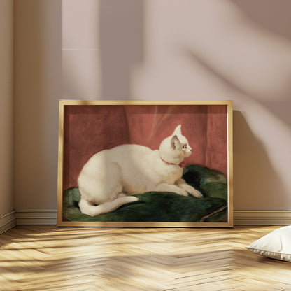Premium Poster of Elegant White Cat Lying on Cushion Artwork Posters