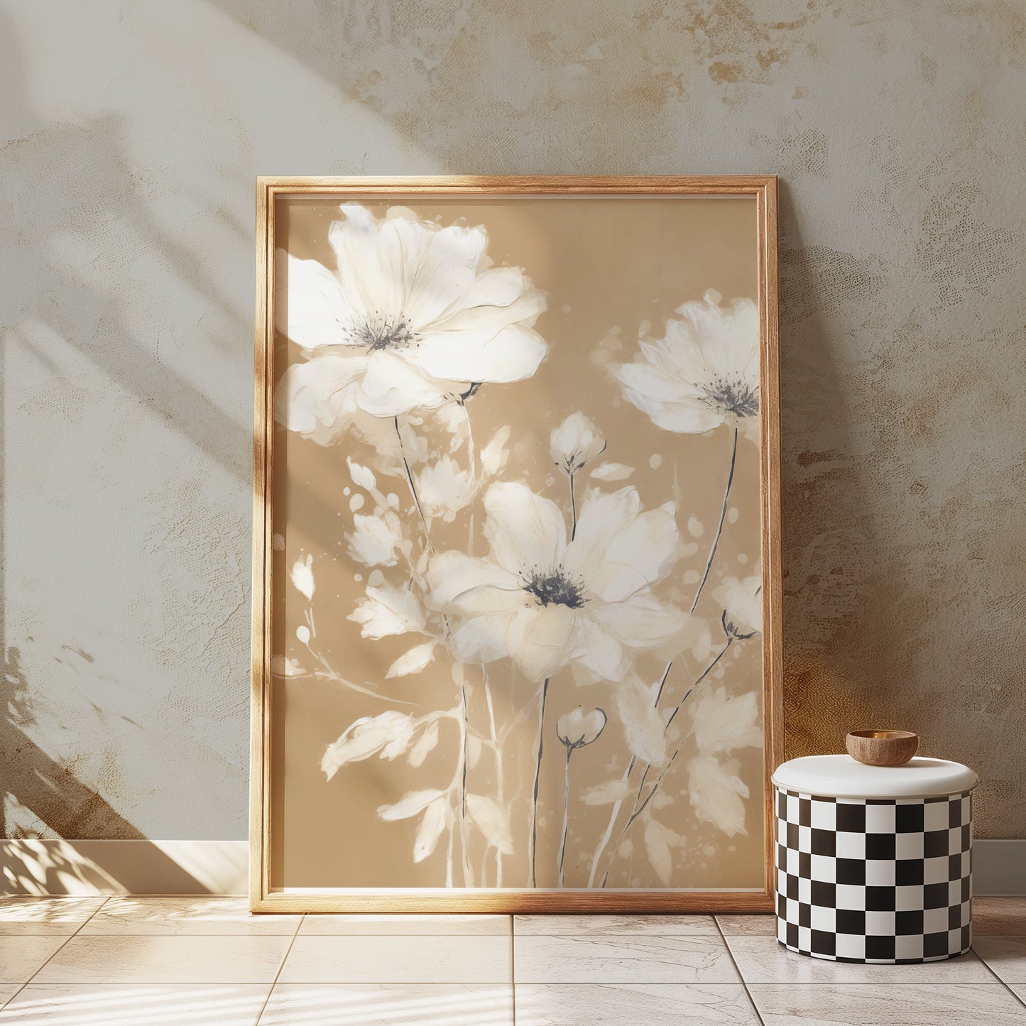 Premium Poster of Elegant White Floral Art on Golden Brown Background Posters
