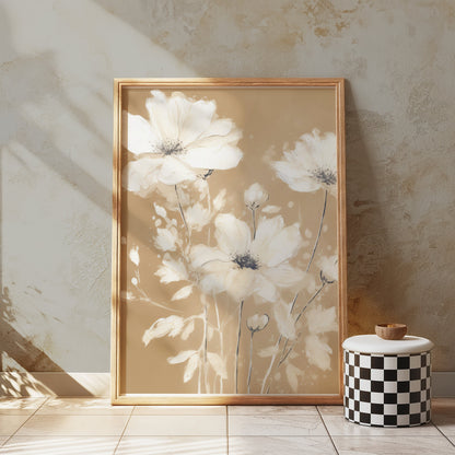Premium Poster of Elegant White Floral Art on Golden Brown Background Posters