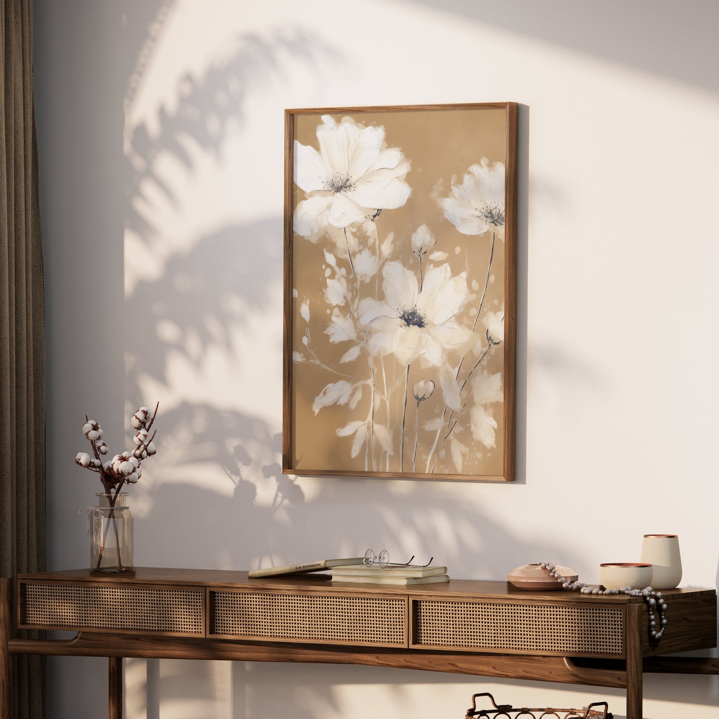 Premium Poster of Elegant White Floral Art on Golden Brown Background Posters