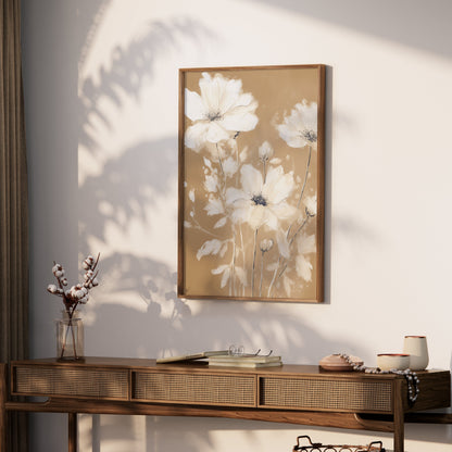 Premium Poster of Elegant White Floral Art on Golden Brown Background Posters