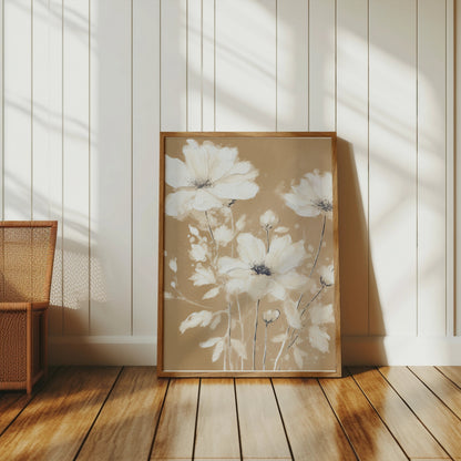 Premium Poster of Elegant White Floral Art on Golden Brown Background Posters