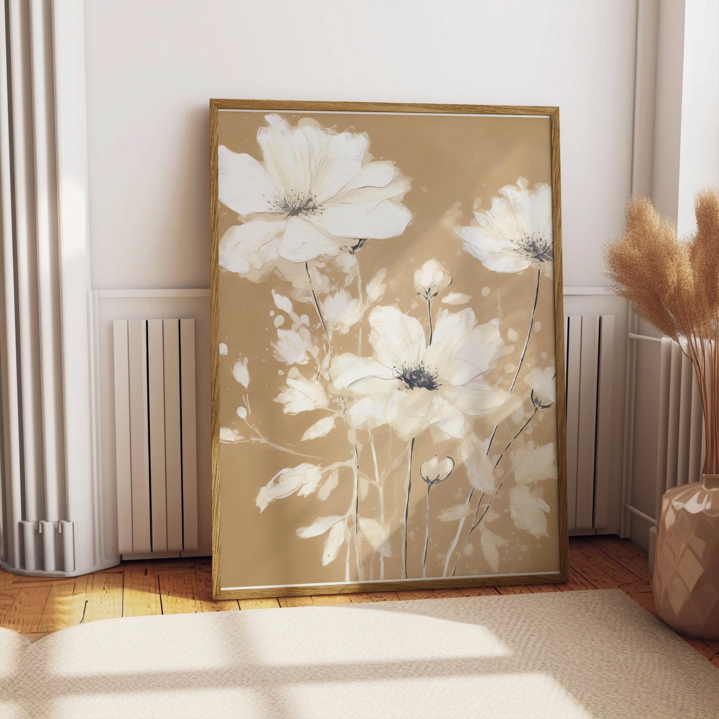 Premium Poster of Elegant White Floral Art on Golden Brown Background Posters