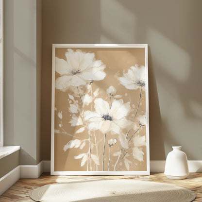 Premium Poster of Elegant White Floral Art on Golden Brown Background Posters
