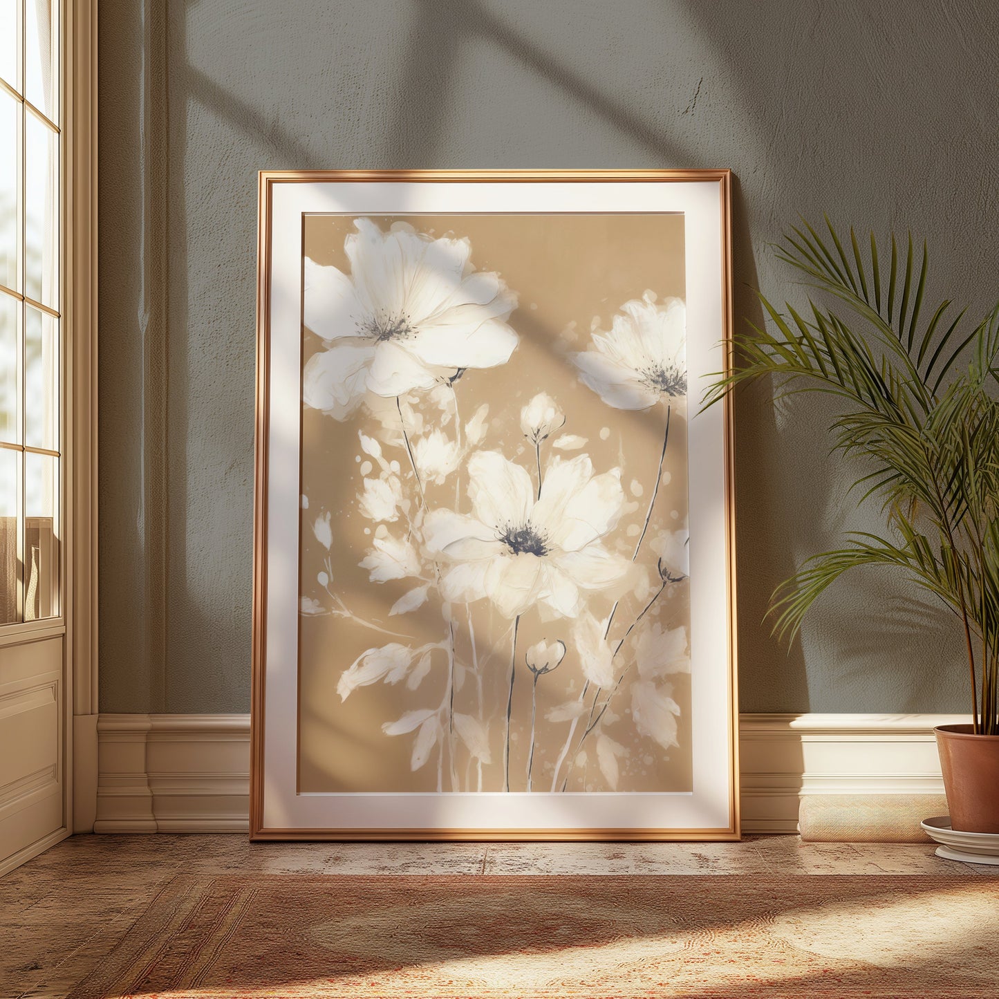 Premium Poster of Elegant White Floral Art on Golden Brown Background Posters